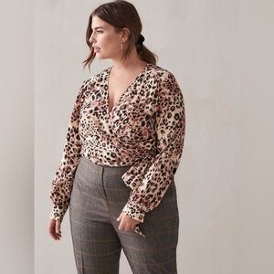 AdditionElle Cropped Animal Print Wrap Blouse Size 3x Leopard Print